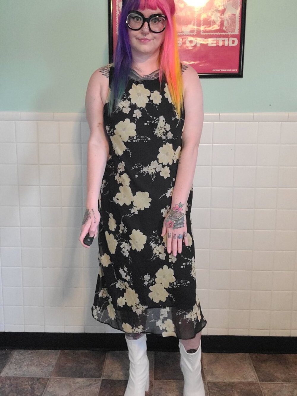 Vintage 90s Green Black Floral Cottagecore Whimsigoth Fairycore Midi Dress